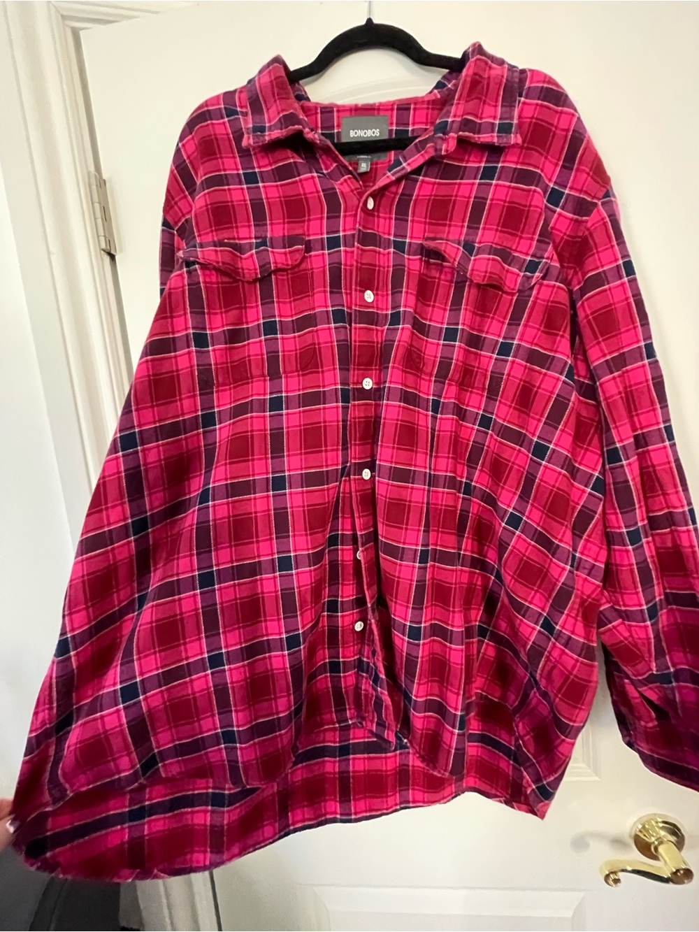 Bonobos Red, Pink and Purple Plaid Flannel Shirt